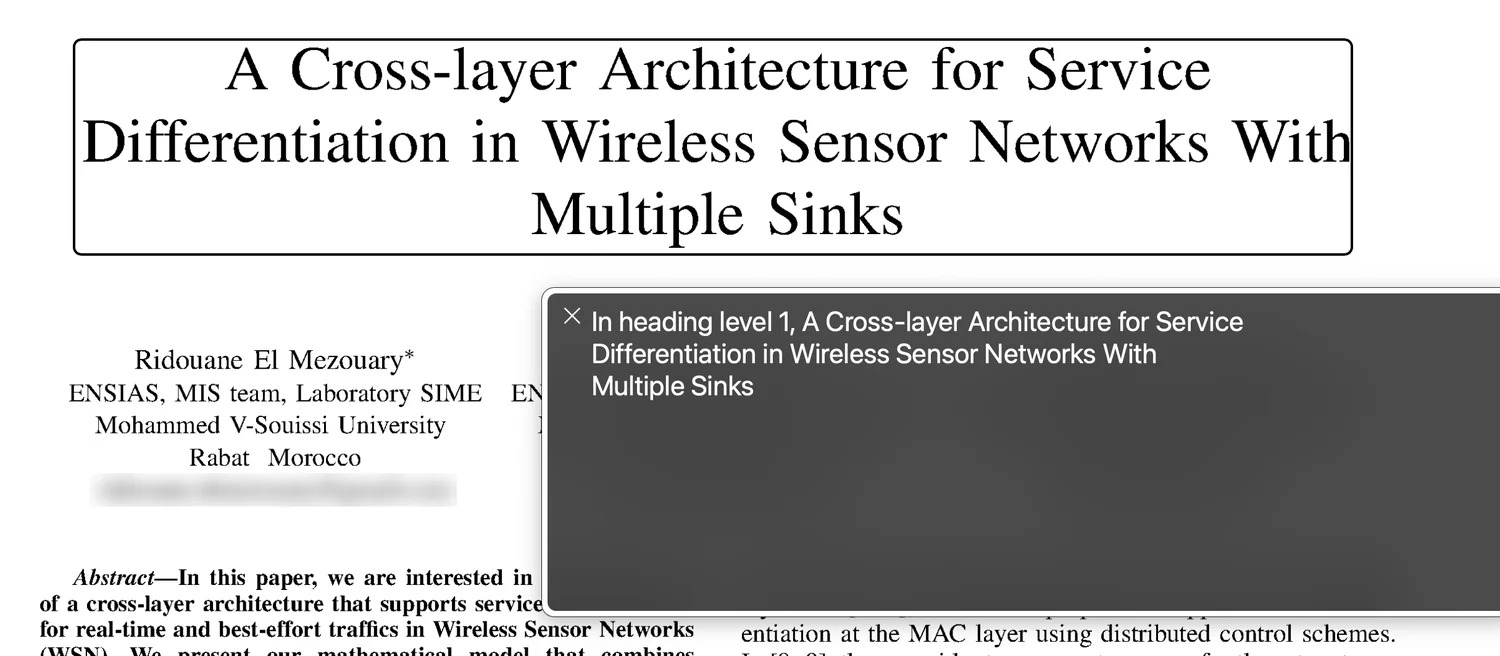 VoiceOver on the converted scan announcing the title as a level 1 heading, with the heading outlined on the page