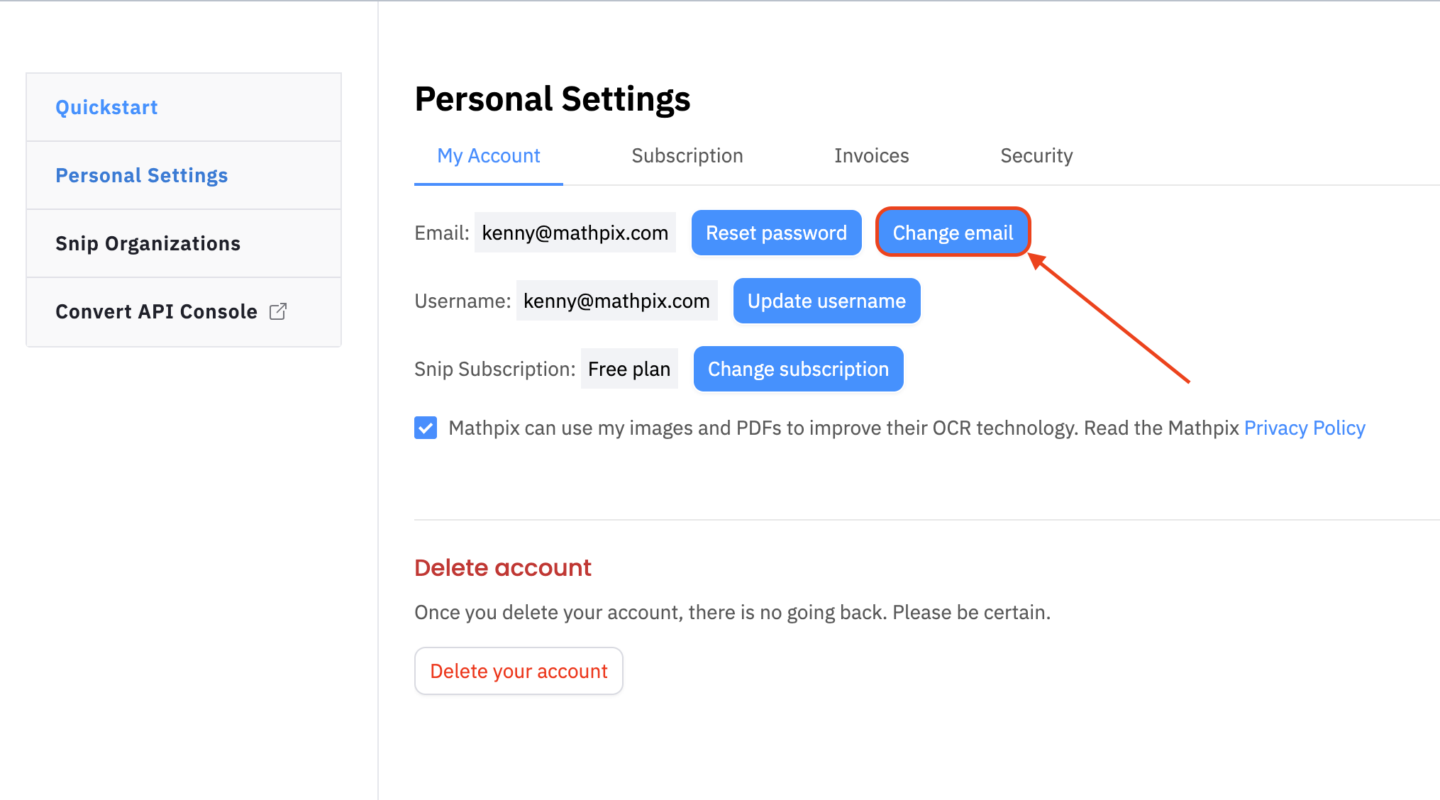 Change email button