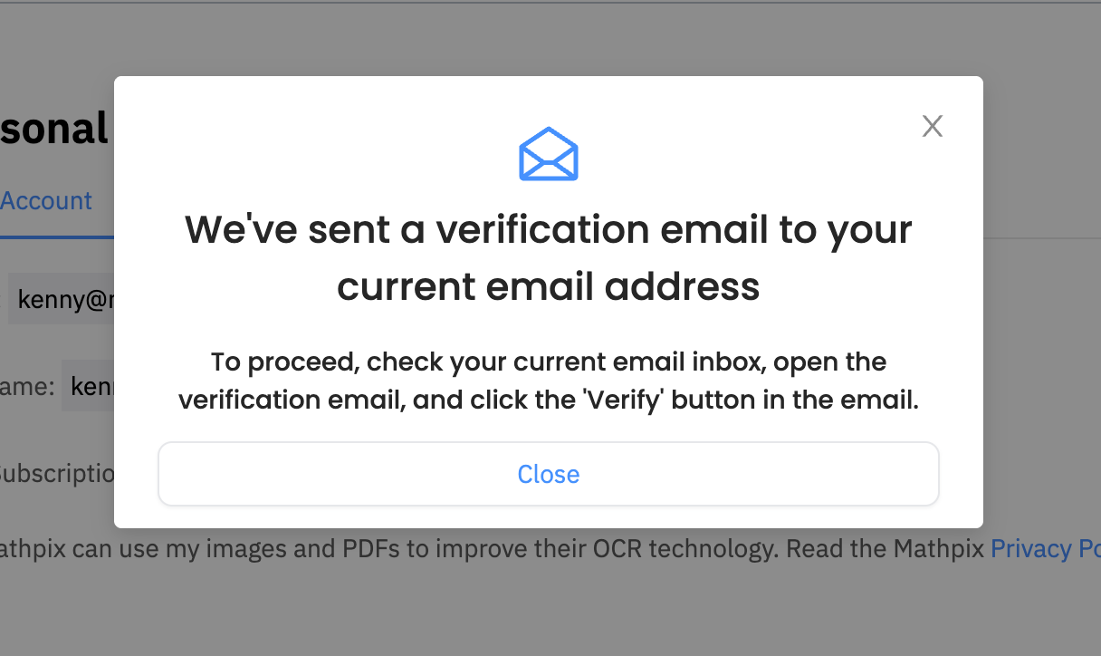 Change email verification sent modal