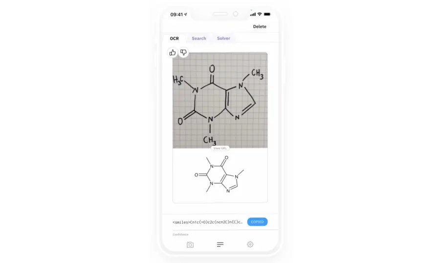 Snip mobile app converted handwritten chemical diagram to SMILES