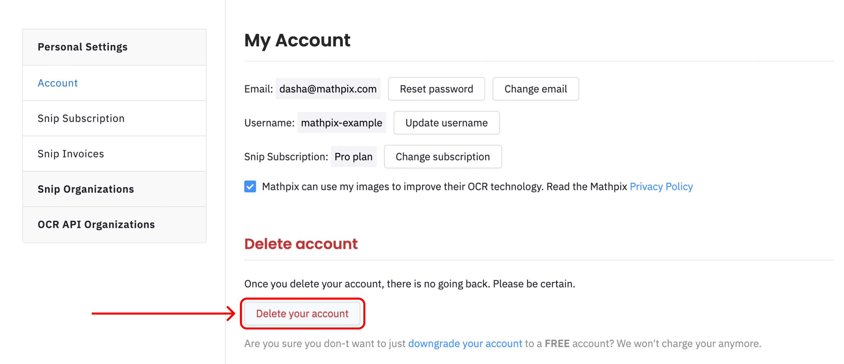 Delete account button