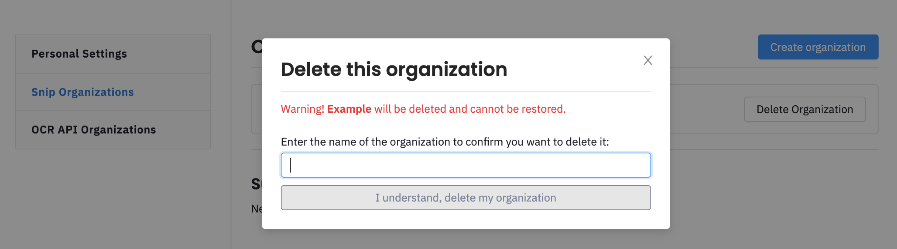 Delete organization modal