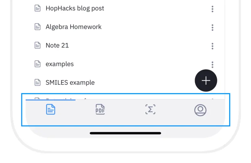 From left to right: Notes tab, PDF tab, Snip tab, Account/Settings tab