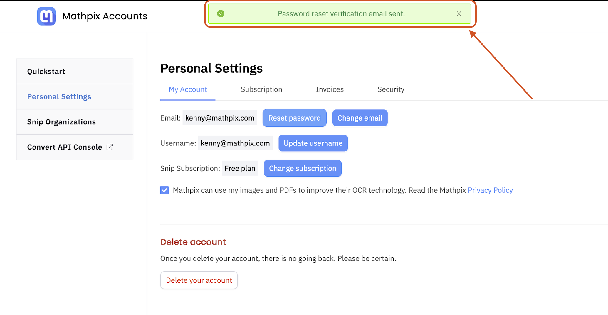 Reset password sent confirmation banner