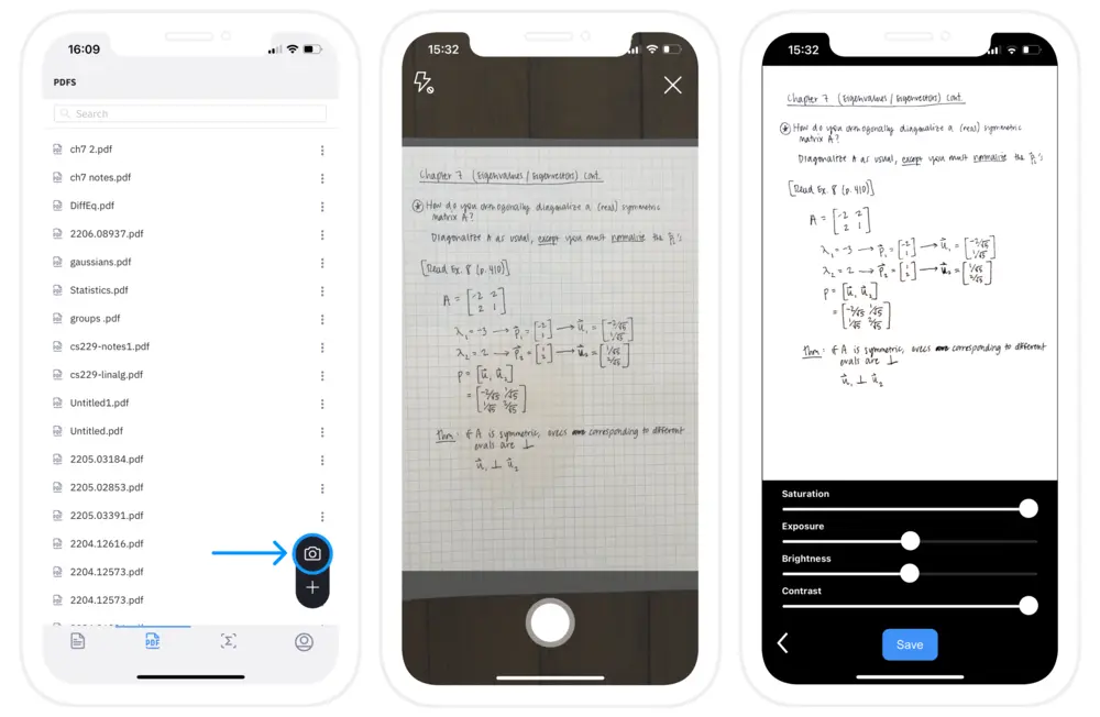 Scan handwritten pages with your camera to create PDFs