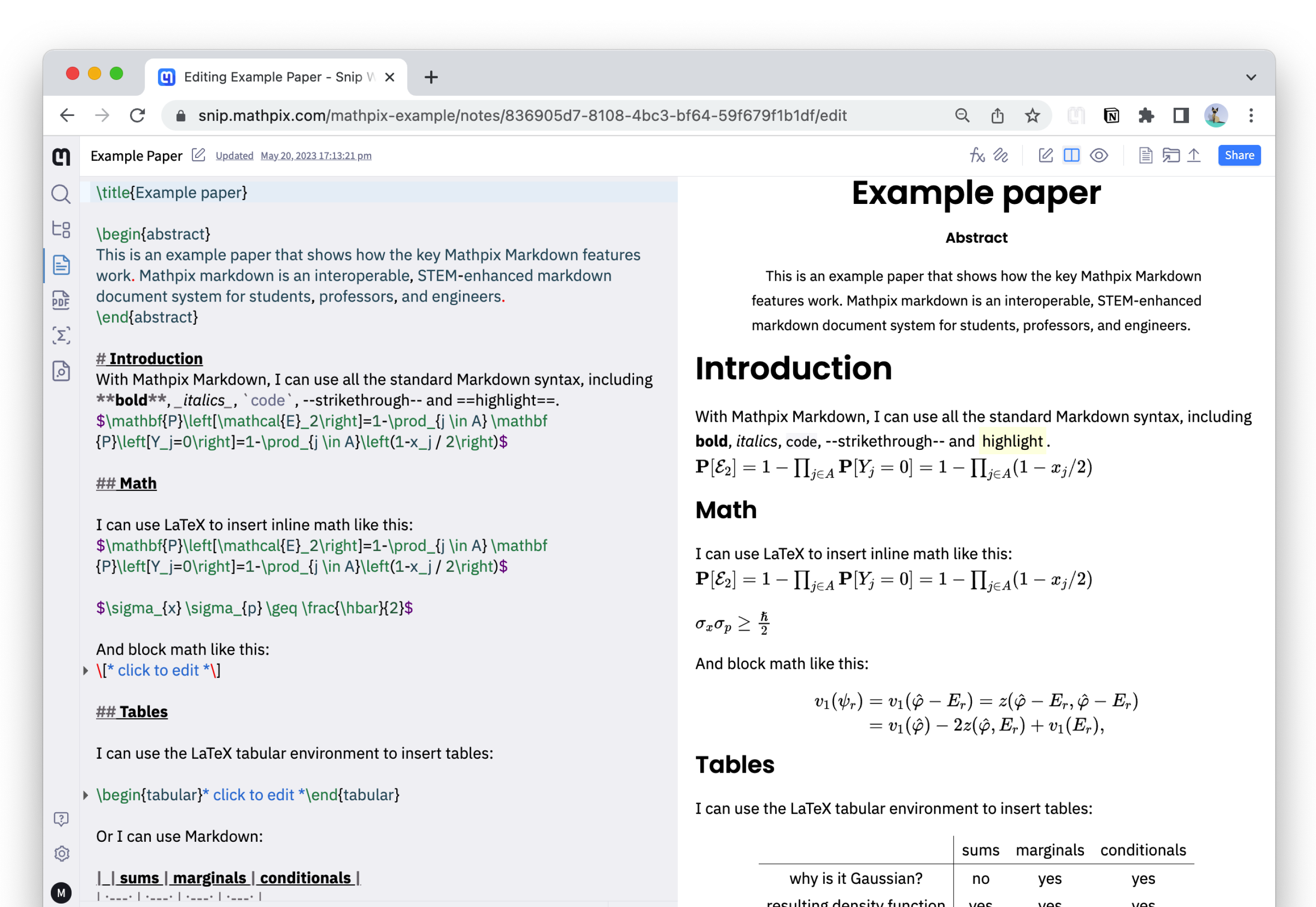 Use Snip Notes to create Mathpix Markdown documents
