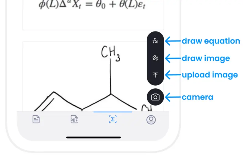 Top to bottom: draw equation, upload image, open camera