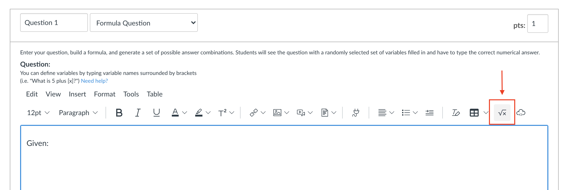 Click the insert equation button in Canvas